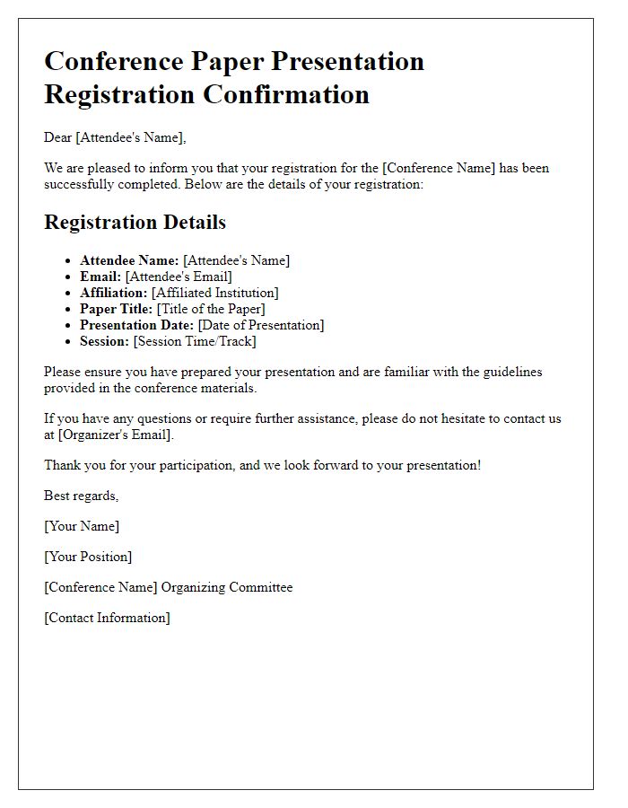 Letter template of attendee registration for conference paper presentations