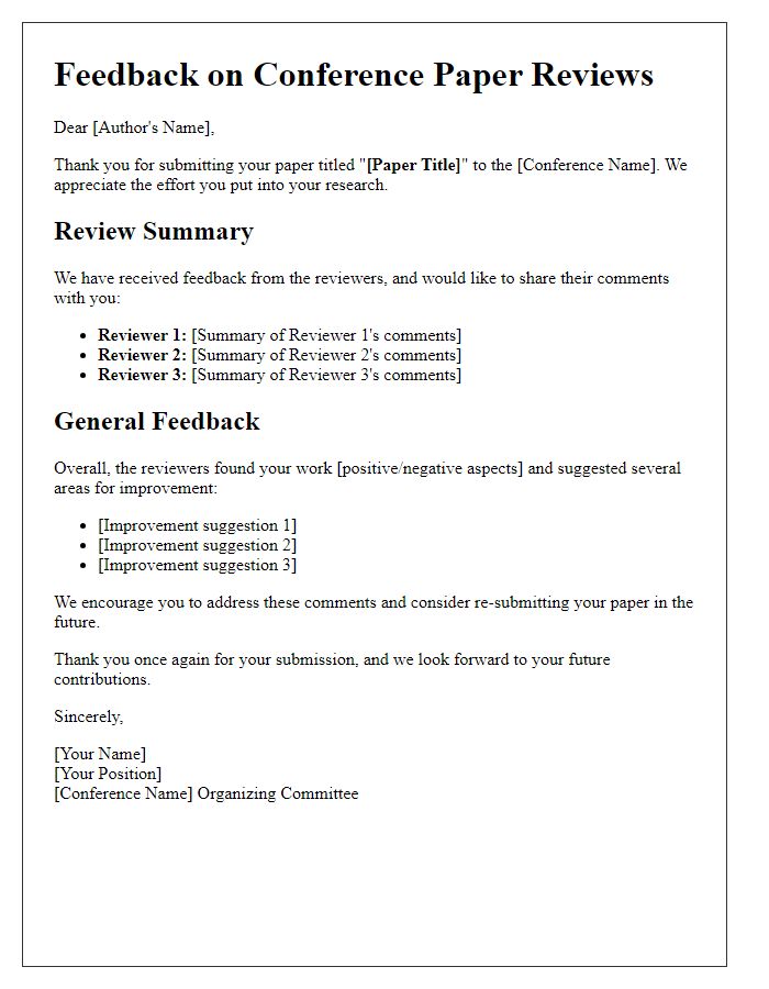 Letter template of feedback on conference paper reviews