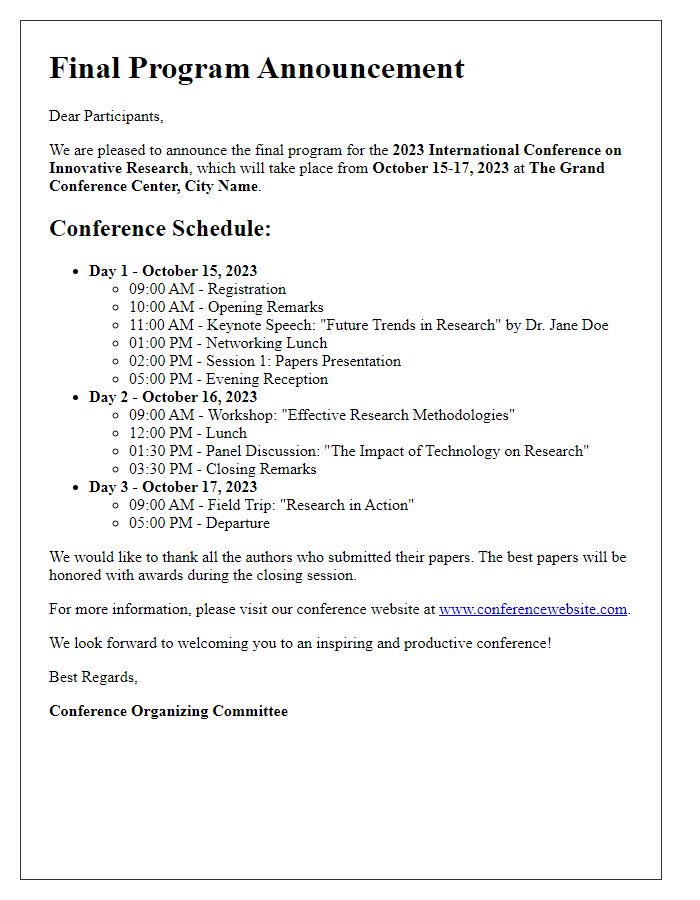 Letter template of final program announcement for conference papers