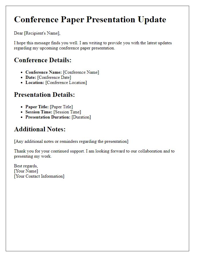 Letter template of updates for conference paper presentation details