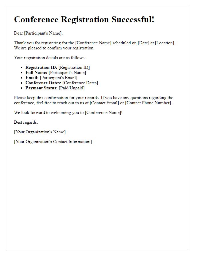 Letter template of Conference Registration Success Notification