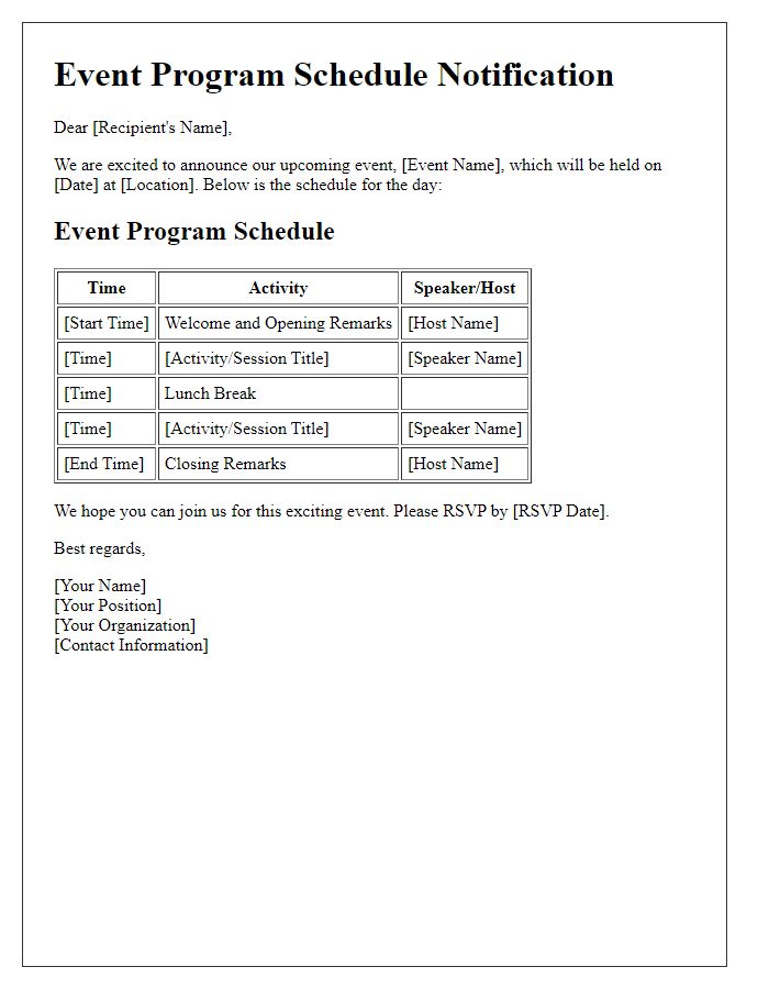 Letter template of Event Program Schedule Notification