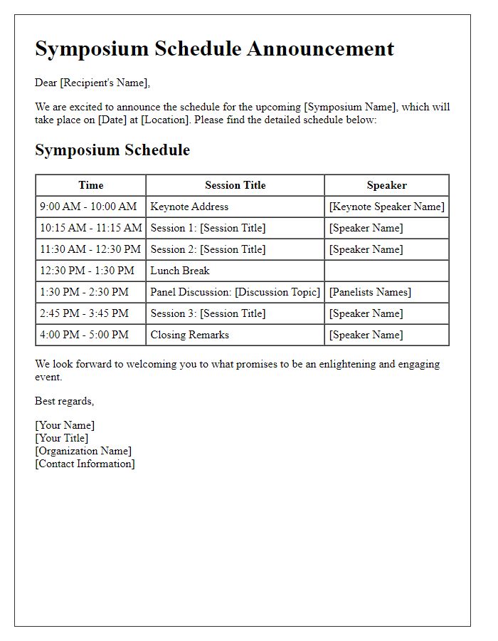 Letter template of Symposium Schedule Announcement