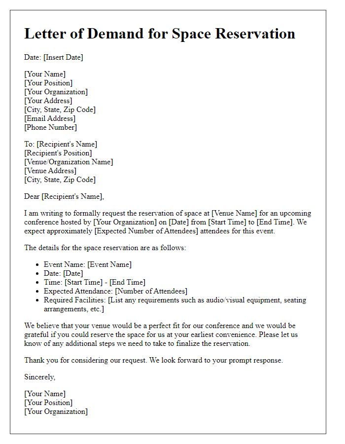 Letter template of demand for space reservation for a conference