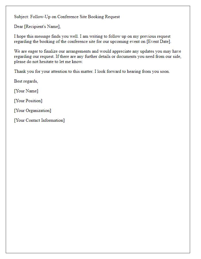 Letter template of follow-up for conference site booking request