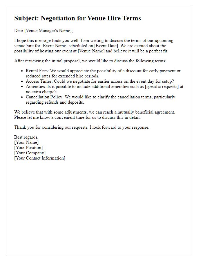 Letter template of negotiation for terms on venue hire