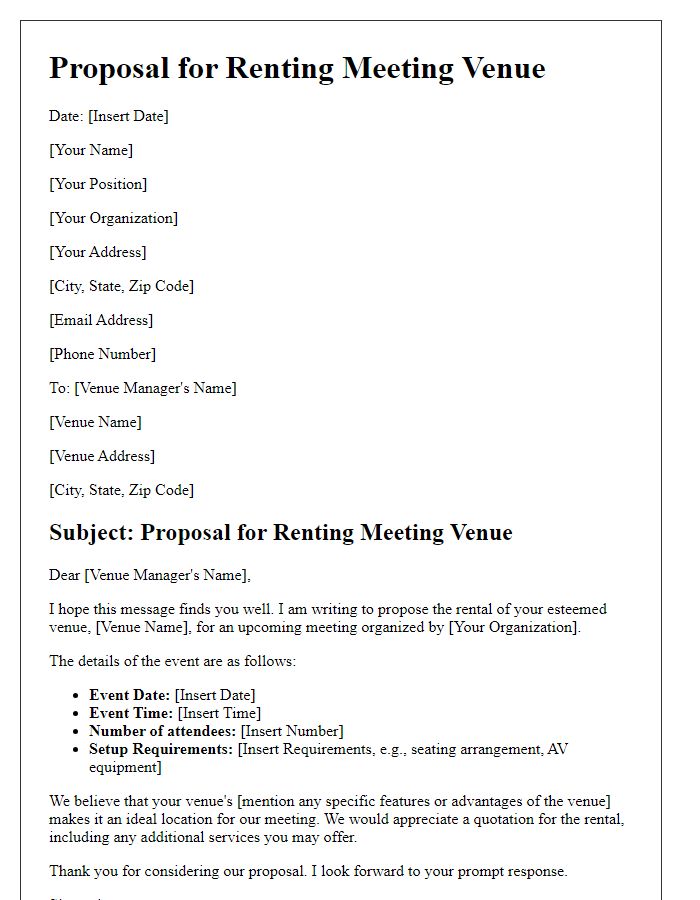 Letter template of proposal for renting a meeting venue