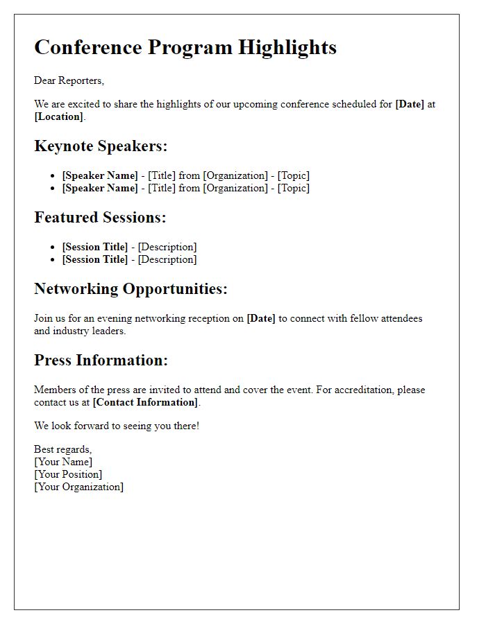 Letter template of conference program highlights for reporters