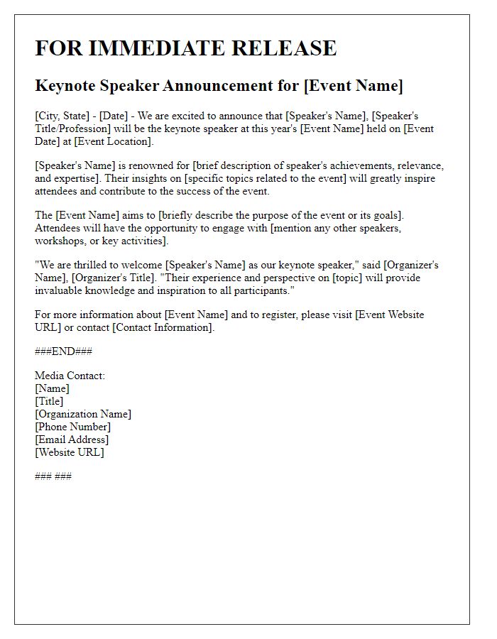 Letter template of keynote speaker announcement for press