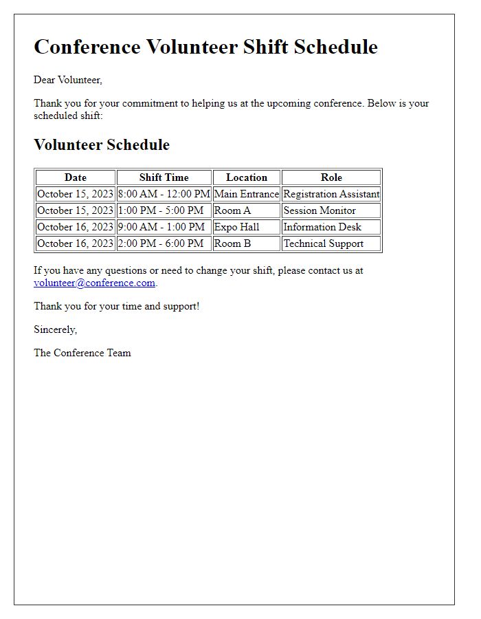 Letter template of schedule for conference volunteer shifts