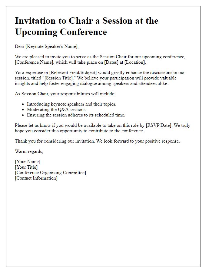 Letter template of conference session chair invitation for keynote speakers