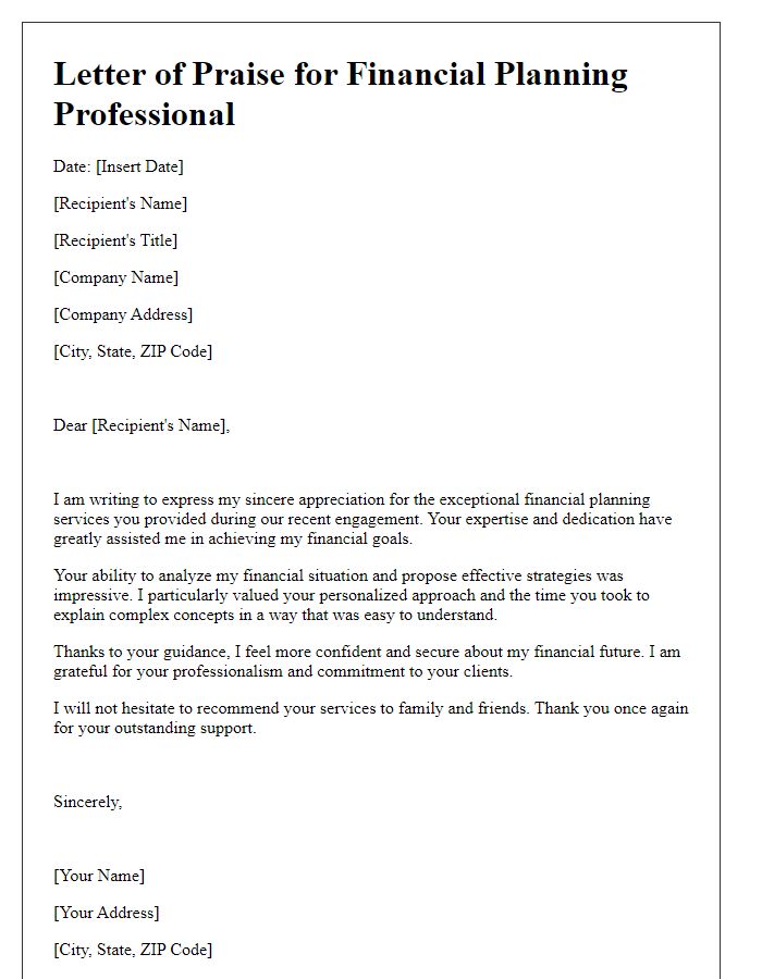 Letter template of praise for financial planning professional