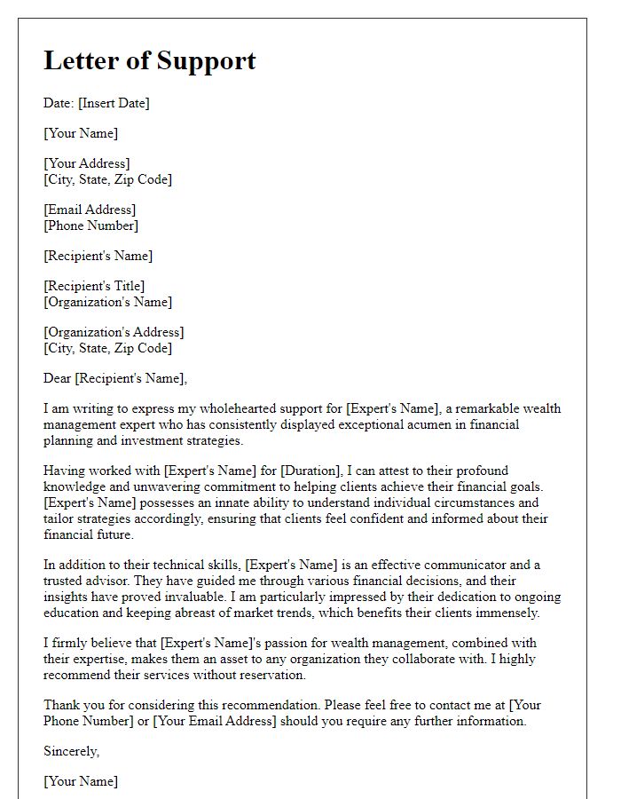 Letter template of support for wealth management expert