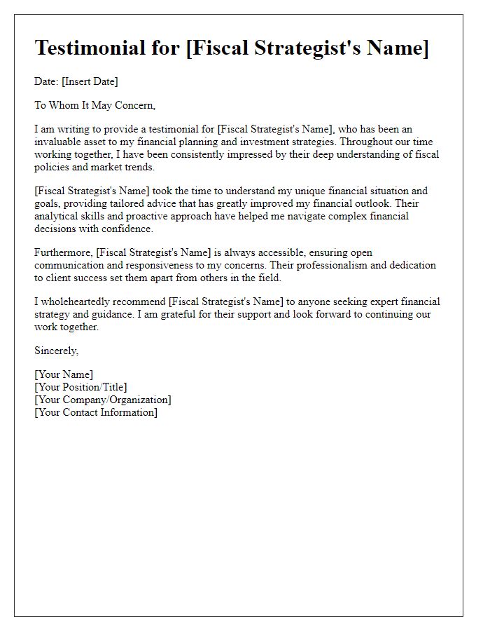 Letter template of testimonial for fiscal strategist