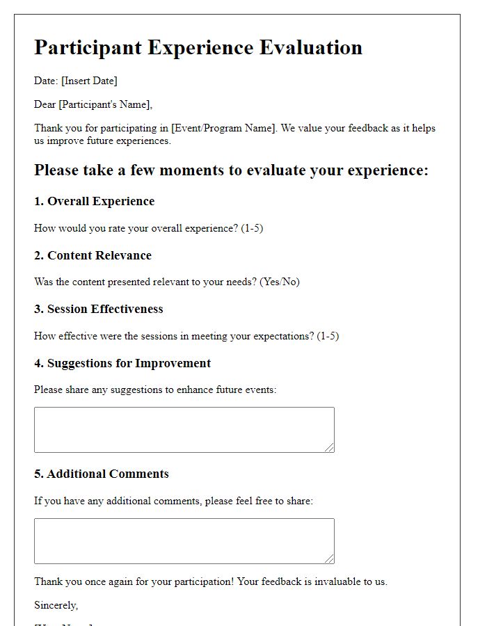 Letter template of participant experience evaluation