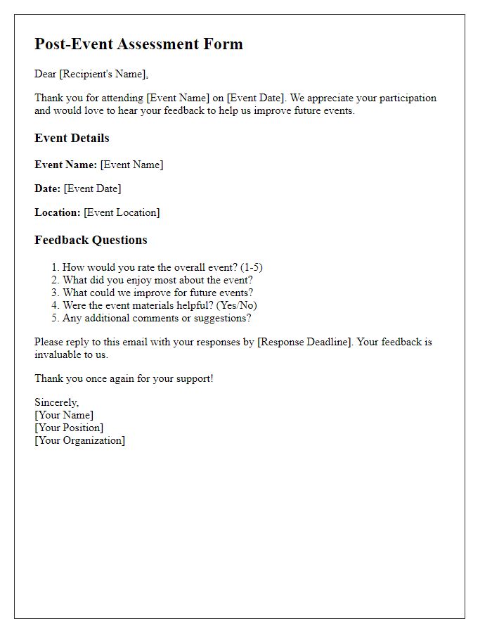 Letter template of post-event assessment form