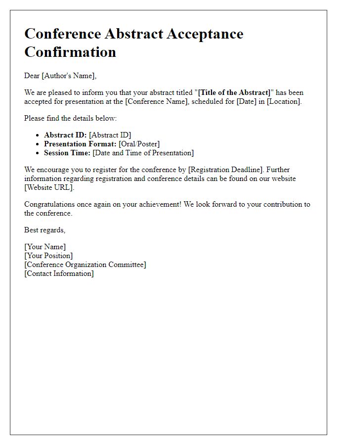 Letter template of confirmation for conference abstract acceptance