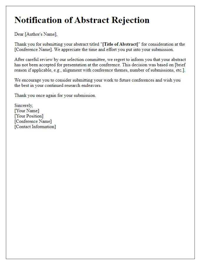 Letter template of communication regarding rejected conference abstract