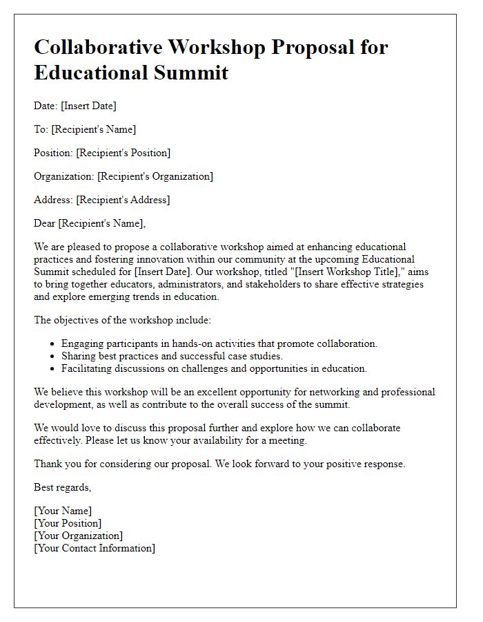 Letter template of collaborative workshop proposal for educational summit