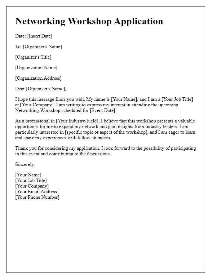 Letter template of networking workshop application for a professional event