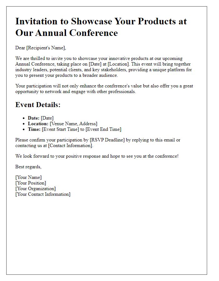 Letter template of invitation to showcase products at the conference