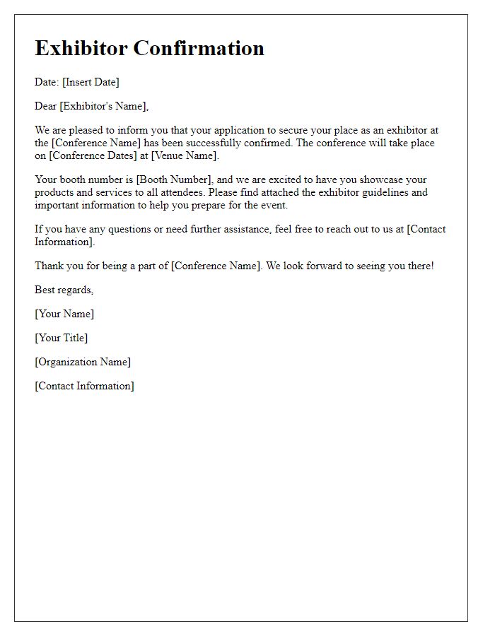 Letter template of securing your place as an exhibitor at the conference