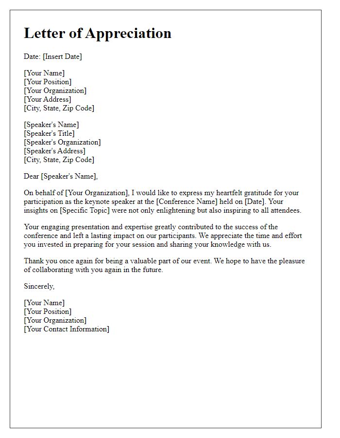 Letter template of appreciation for keynote speaker's participation in the conference.