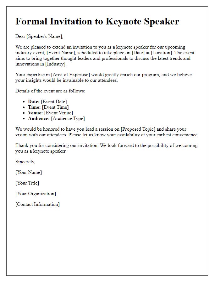 Letter template of formal invitation for keynote speaker at industry event.