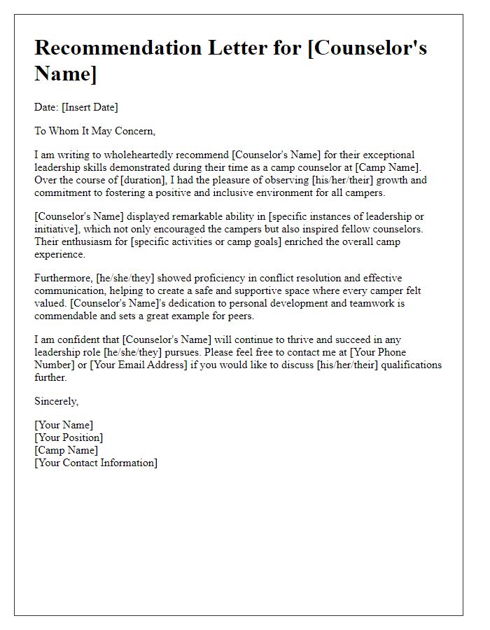 Letter template of youth camp counselor recommendation for leadership skills.