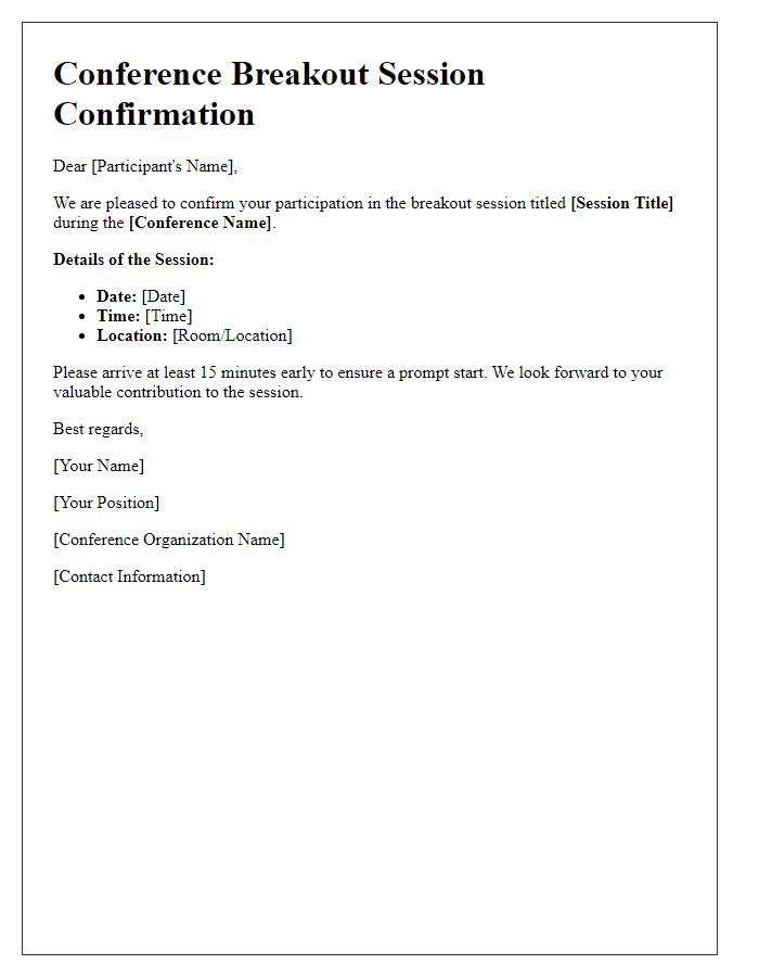 Letter template of confirmation for conference breakout session participation