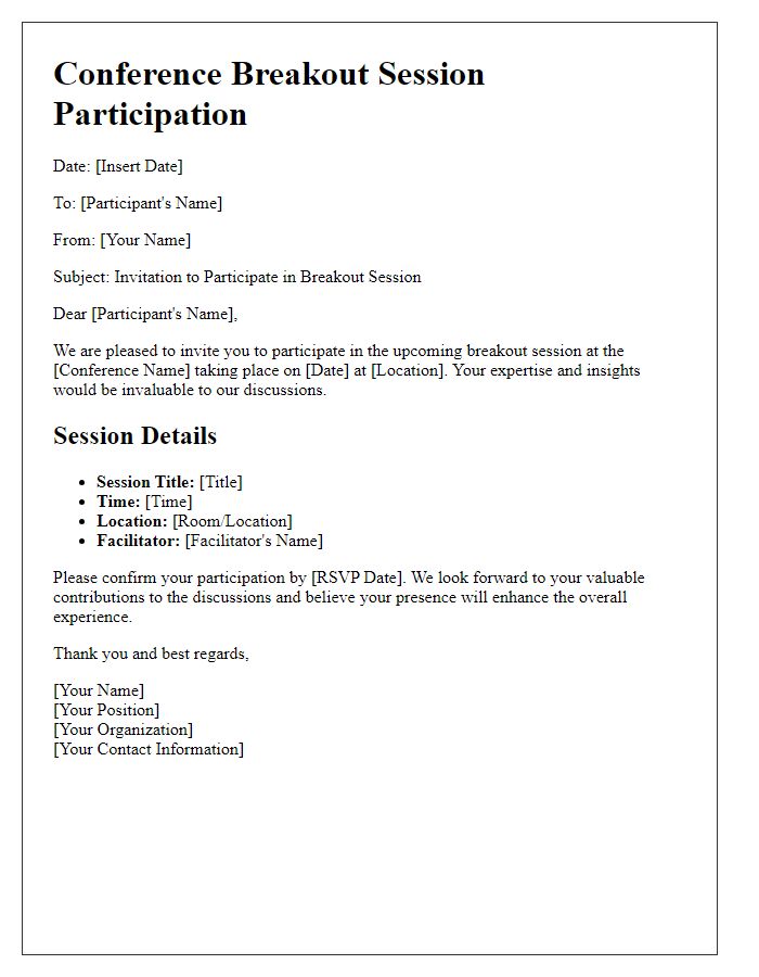 Letter template of details regarding the conference breakout session participation