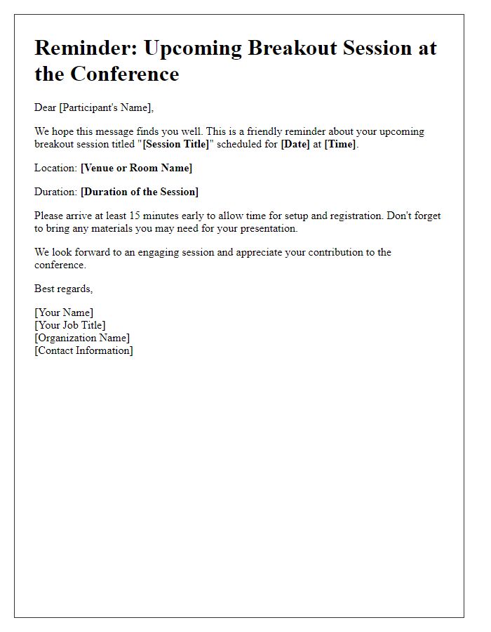 Letter template of reminder for upcoming conference breakout session