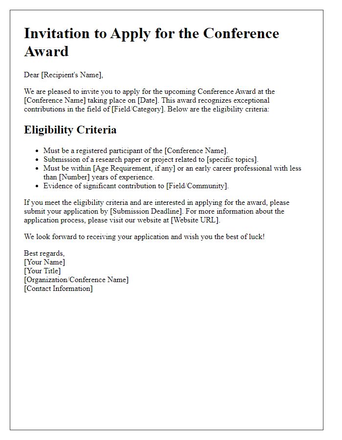 Letter template of conference award eligibility criteria invitation.