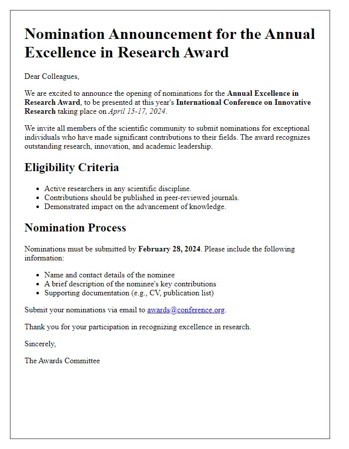 Letter template of conference award nomination announcement.