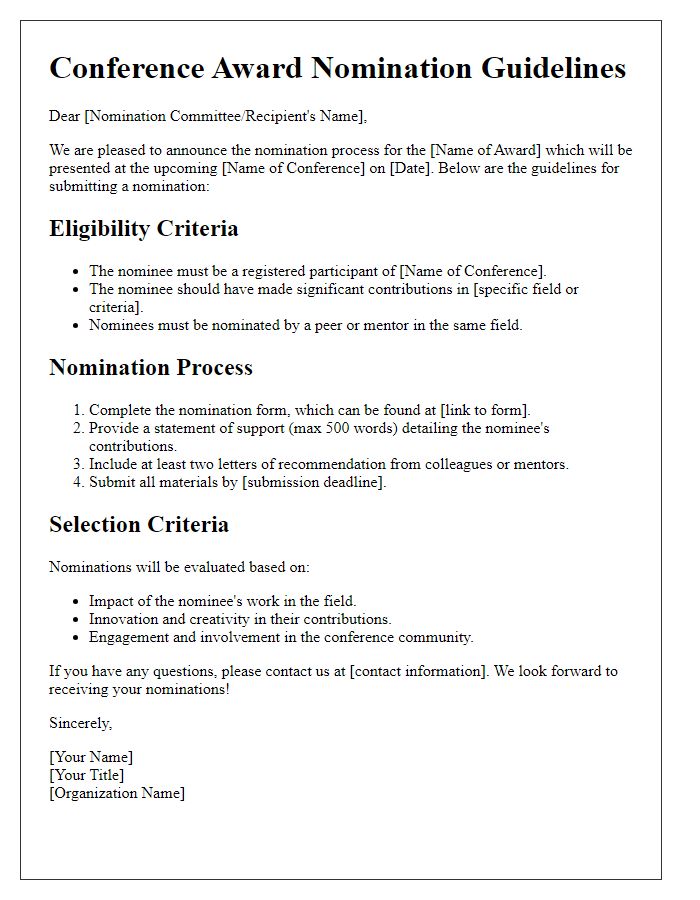 Letter template of conference award nomination guidelines.