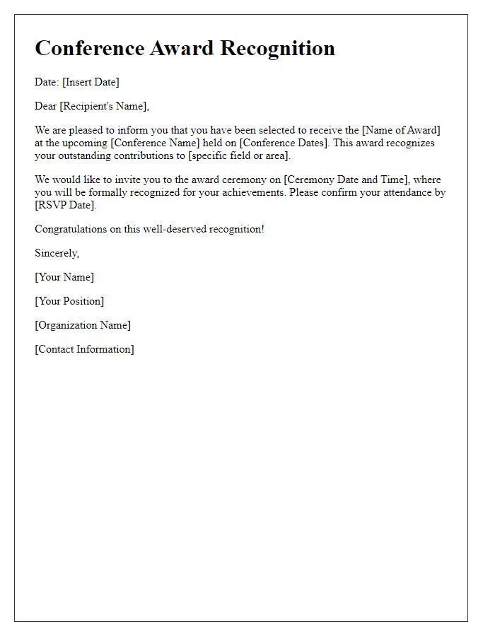 Letter template of conference award recognition call.