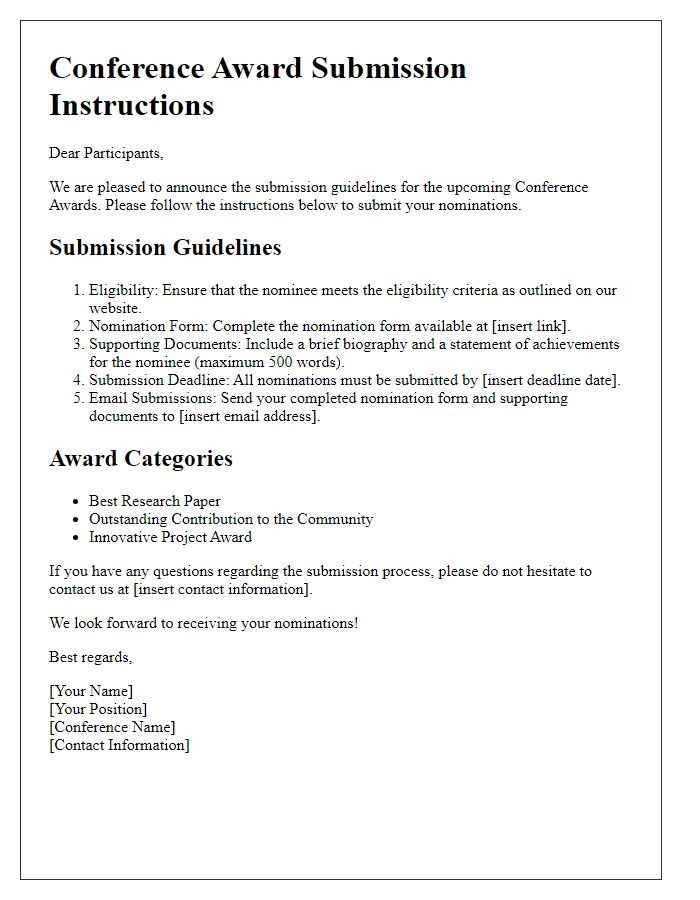 Letter template of conference award submission instructions.