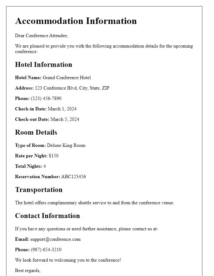 Letter template of accommodation details for conference attendees