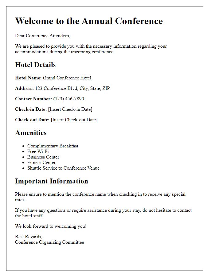 Letter template of hotel information for conference goers