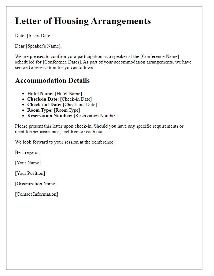 Letter template of housing arrangements for conference speakers