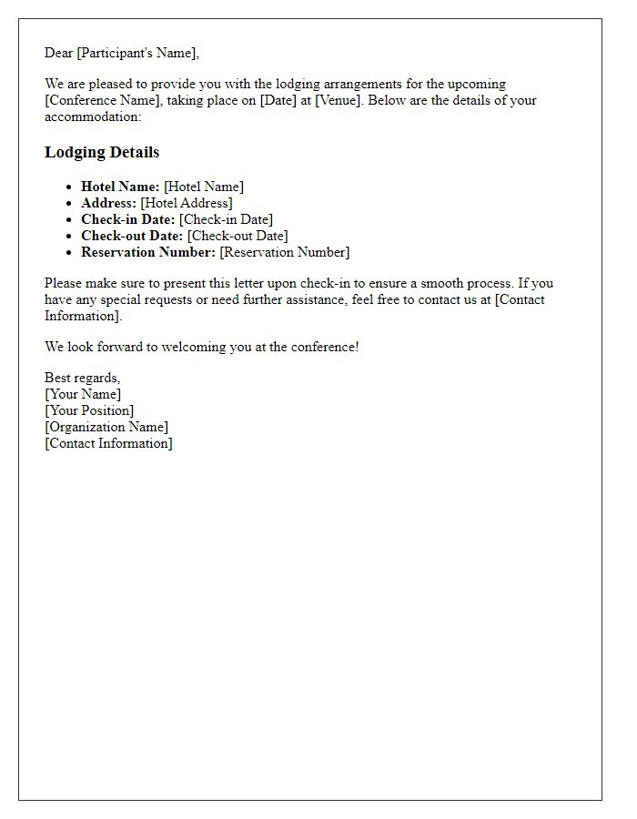 Letter template of lodging arrangements for conference participants