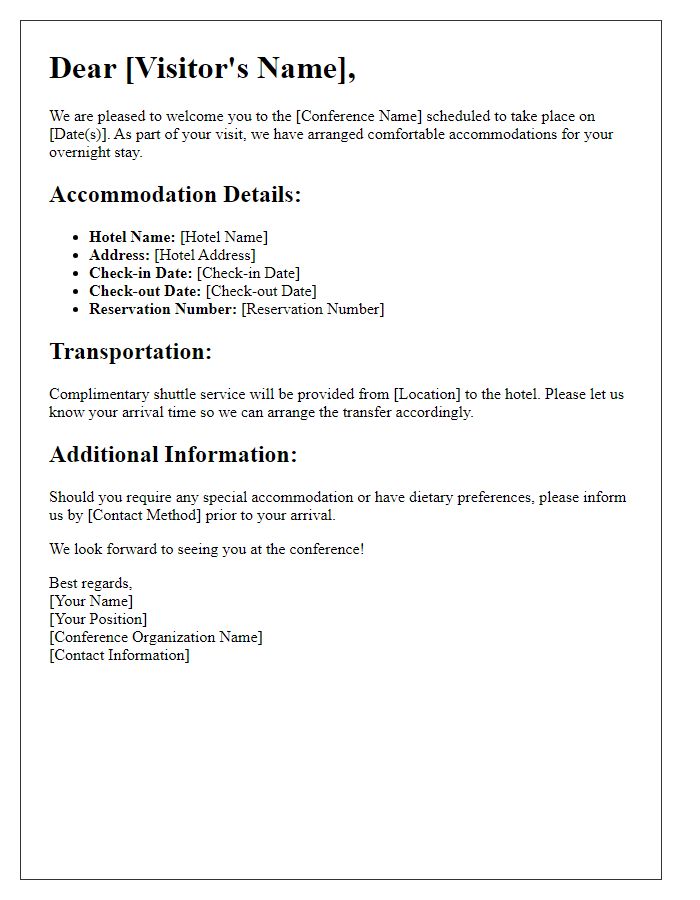 Letter template of overnight stay information for conference visitors