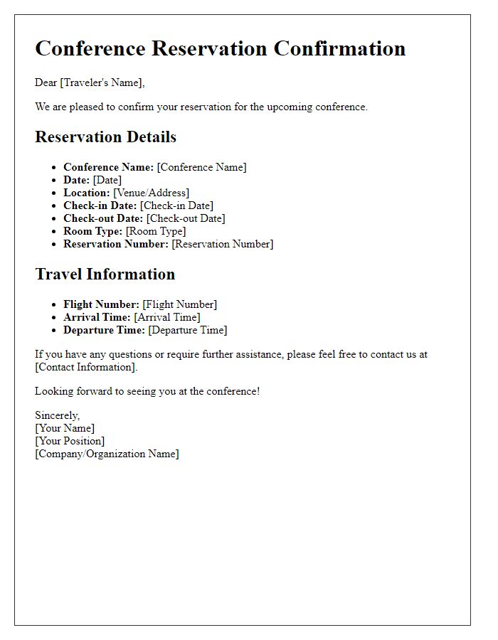 Letter template of reservation details for conference travelers