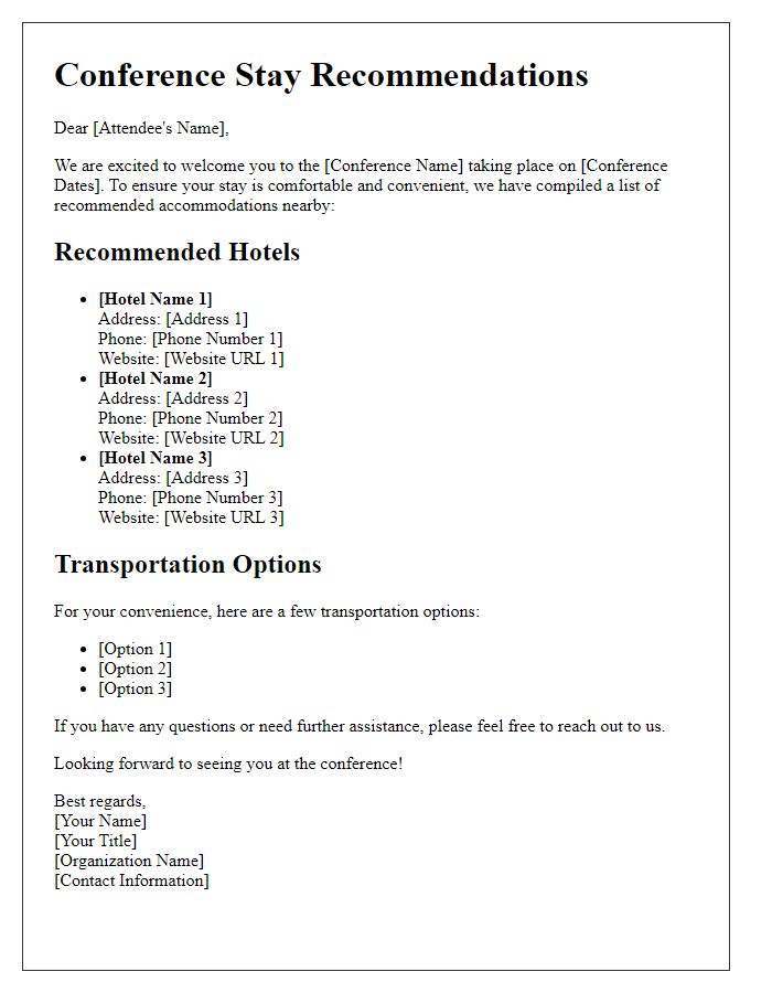 Letter template of stay recommendations for conference attendees