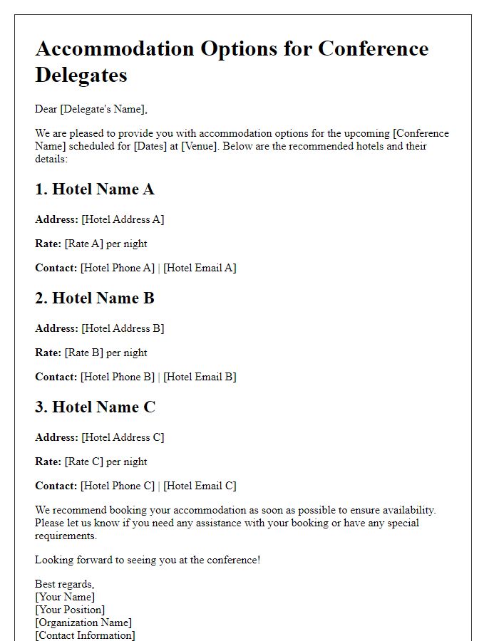 Letter template of staying options for conference delegates