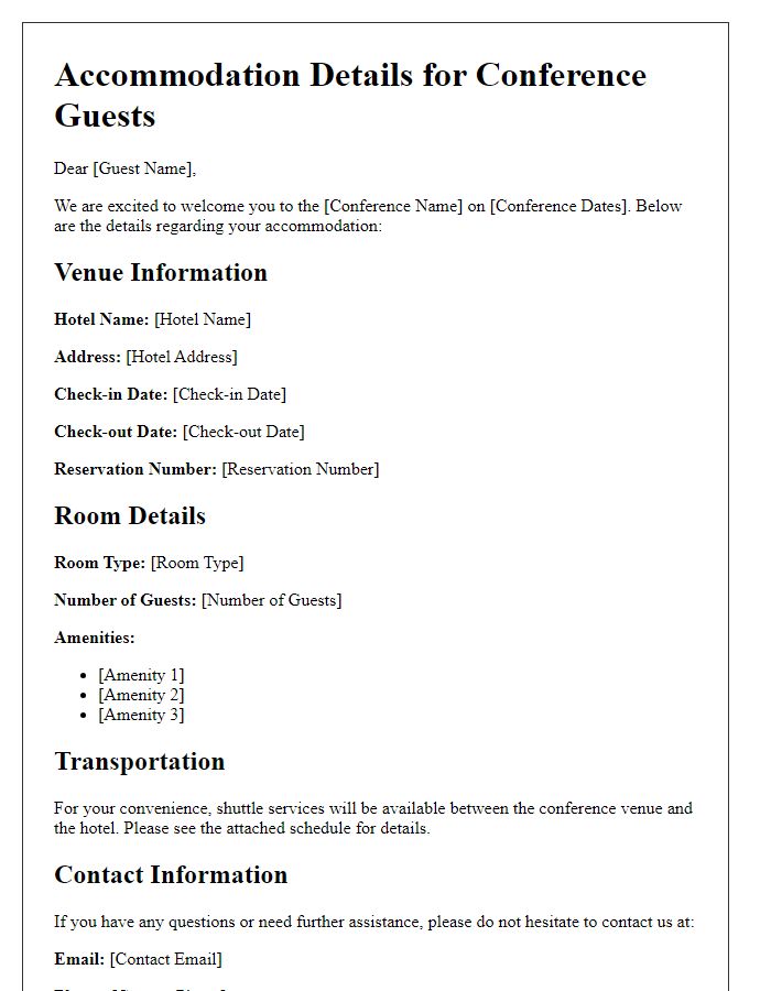 Letter template of venue accommodation specifics for conference guests