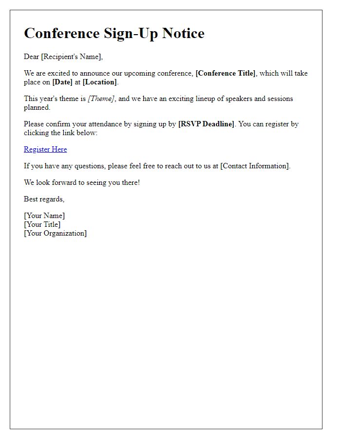 Letter template of conference sign-up notice
