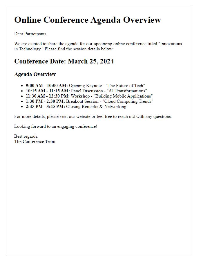 Letter template of agenda overview for online conference sessions.