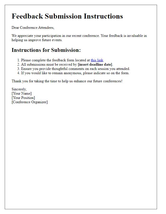 Letter template of feedback submission instructions for conference attendees.