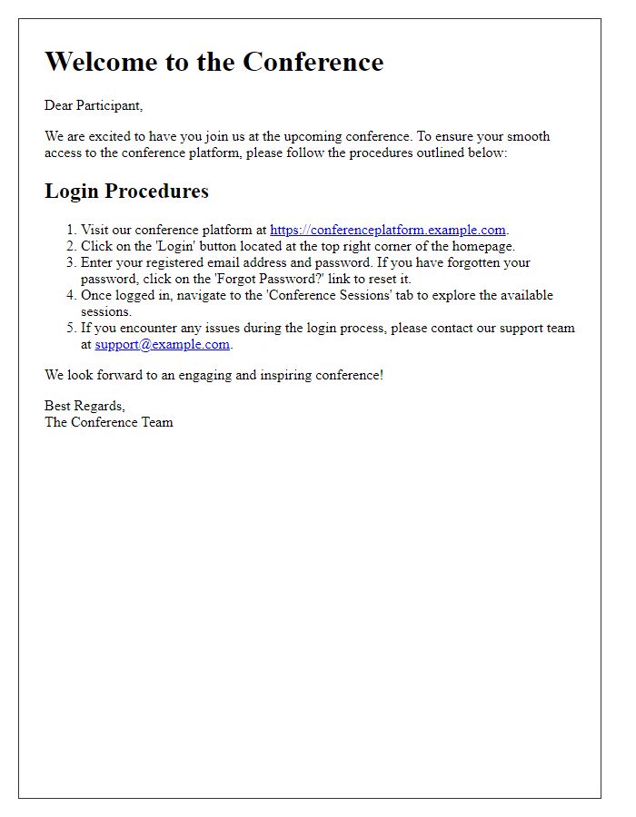 Letter template of login procedures for accessing the conference platform.